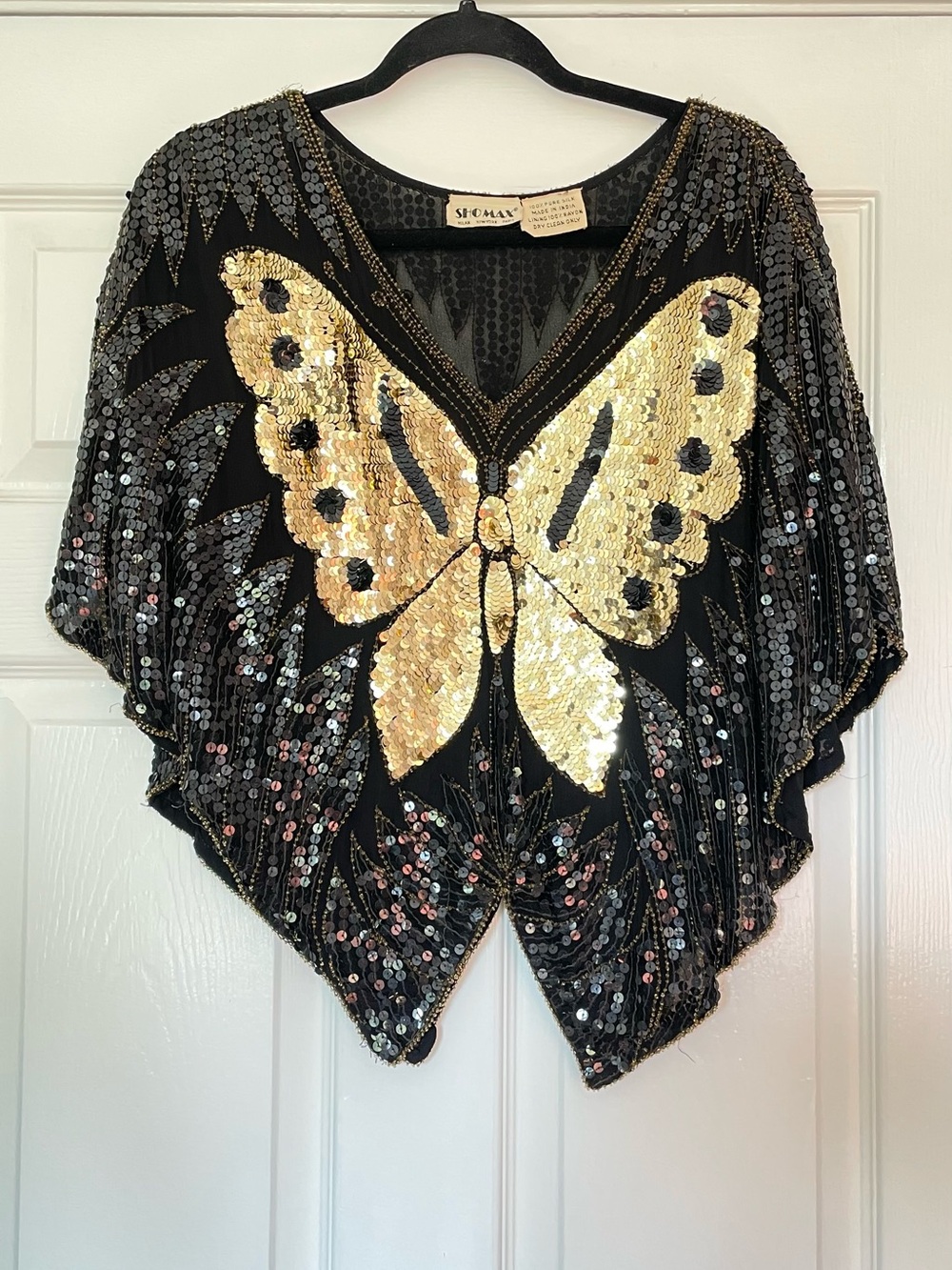 Sequin Butterfly Poncho Blouse - Black & Gold